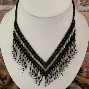 Vintage Black and Silver Fringed Seed Bead Necklace